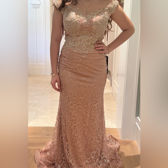 Elegant Gold Lace Prom Dress - Picture 1 of 7